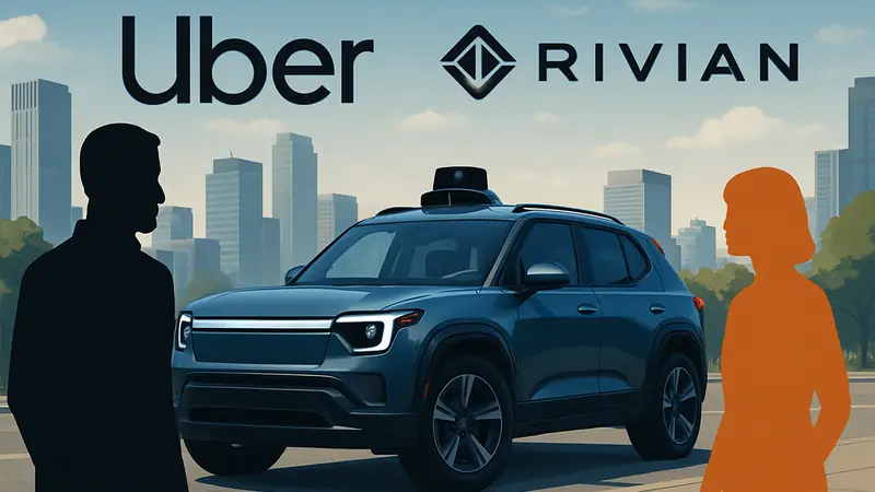 Автономный кроссовер Rivian R2 и логотипы Uber, Rivian на фоне городского пейзажа.