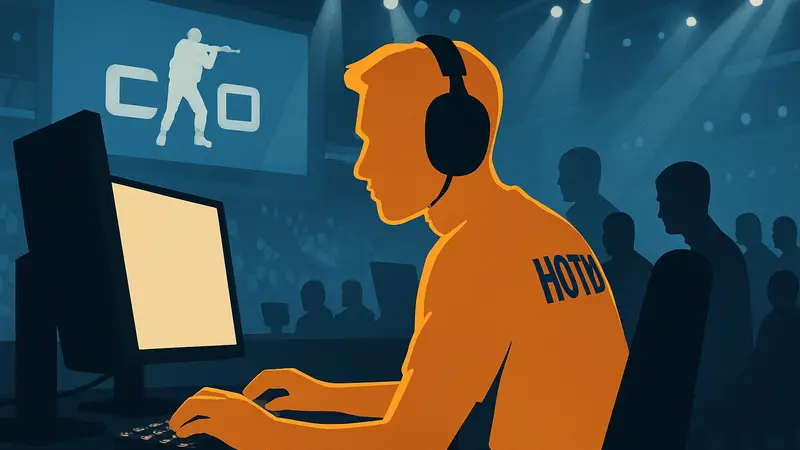Киберспортсмен kade0 играет за команду HOTU на турнире по CS2, сосредоточенно глядя в монитор.