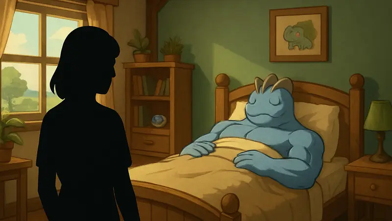 Покемон Мачок, спящий в кровати в доме игрока в Pokémon Pokopia, созданный игроками сценарий.