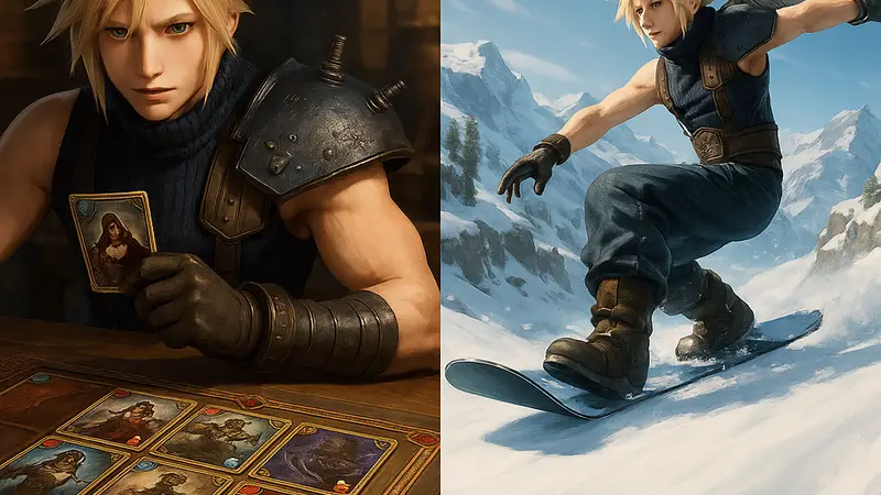 Кадры игрового процесса Final Fantasy VII Rebirth с карточной игрой Queen’s Blood и сноубордингом.
