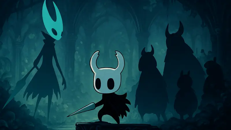 Арт из игры Hollow Knight с главным героем и персонажами