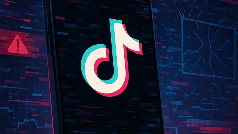 Иллюстрация логотипа TikTok на экране смартфона на фоне цифровых сбоев и ошибок.