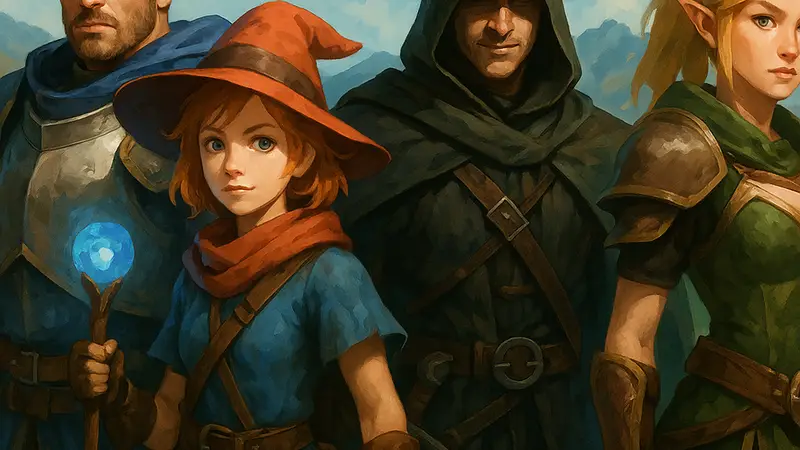 Игровые персонажи из нескольких разных RPG на одном фоне, демонстрирующие разнообразие жанра.