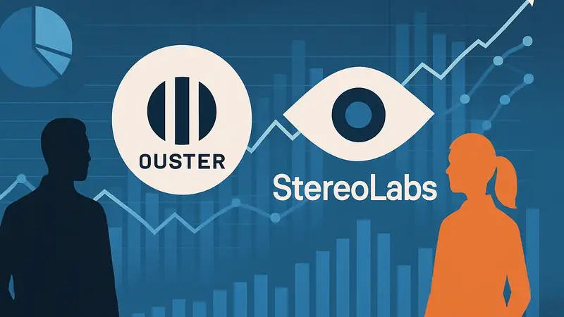Логотипы компаний Ouster и StereoLabs на  фоне графиков слияний и поглощений в сфере технологий