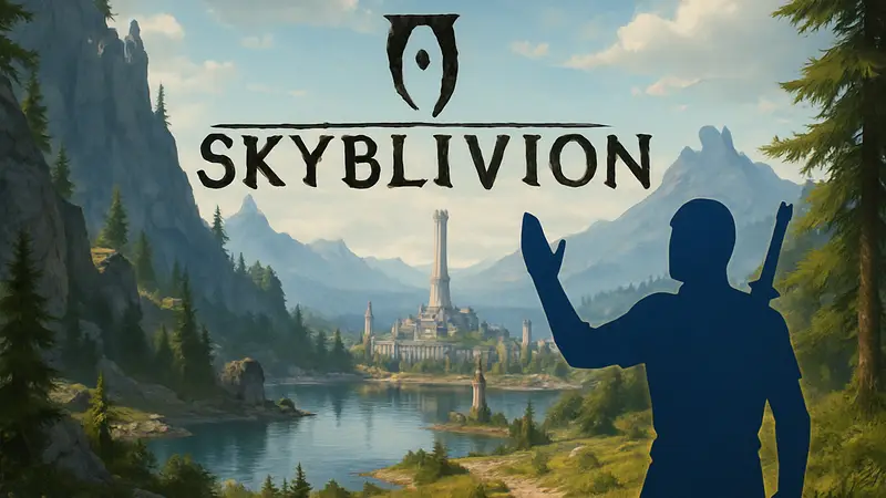 Логотип Skyblivion на фоне пейзажей Oblivion, выполненных на движке Skyrim, с призывом к разработчикам.