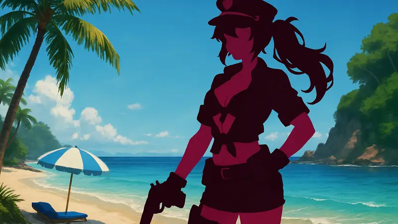 Арт персонажа Heatwave Cop Delta из Outerplane в летнем стиле на пляже.