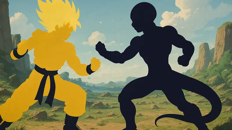 Сон Гоку в форме Супер Сайяна сражается с Фризой в Dragon Ball