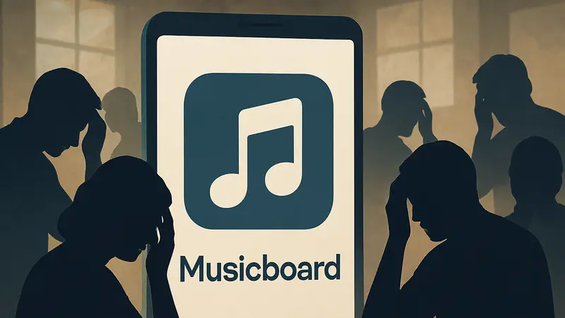 Скриншот или логотип Musicboard на фоне озабоченных пользователей, символизирующий слухи о закрытии.