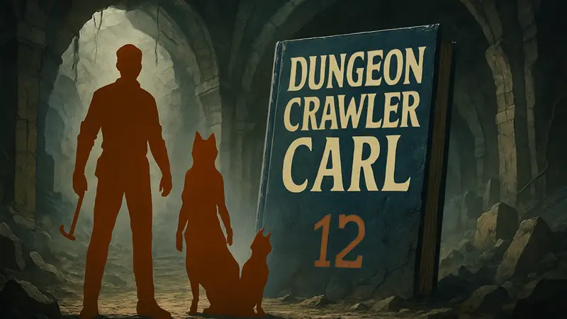 Обложка книги Dungeon Crawler Carl с Карлом и Донну, дата 12 мая на фоне разрушенного подземелья.