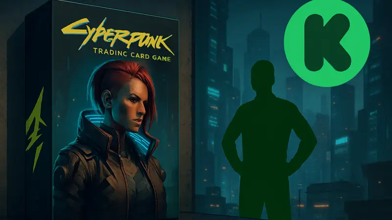 Коробка коллекционной карточной игры Cyberpunk TCG на фоне символики Cyberpunk 2077 и логотипа Kickstarter, обозначающего рекордные сборы.