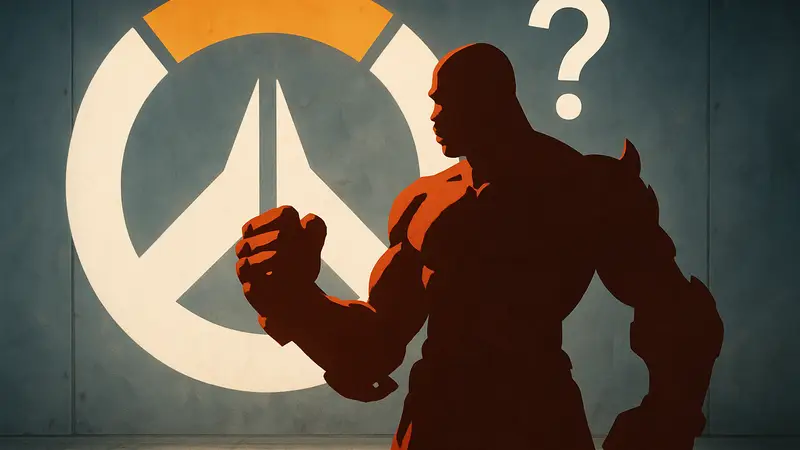 Думфист из Overwatch, на фоне логотипа Overwatch, с вопросительным знаком