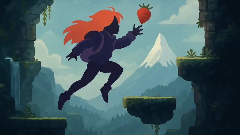 Девушка по имени Мэделин из игры Celeste прыгает по платформам и собирает клубнику.