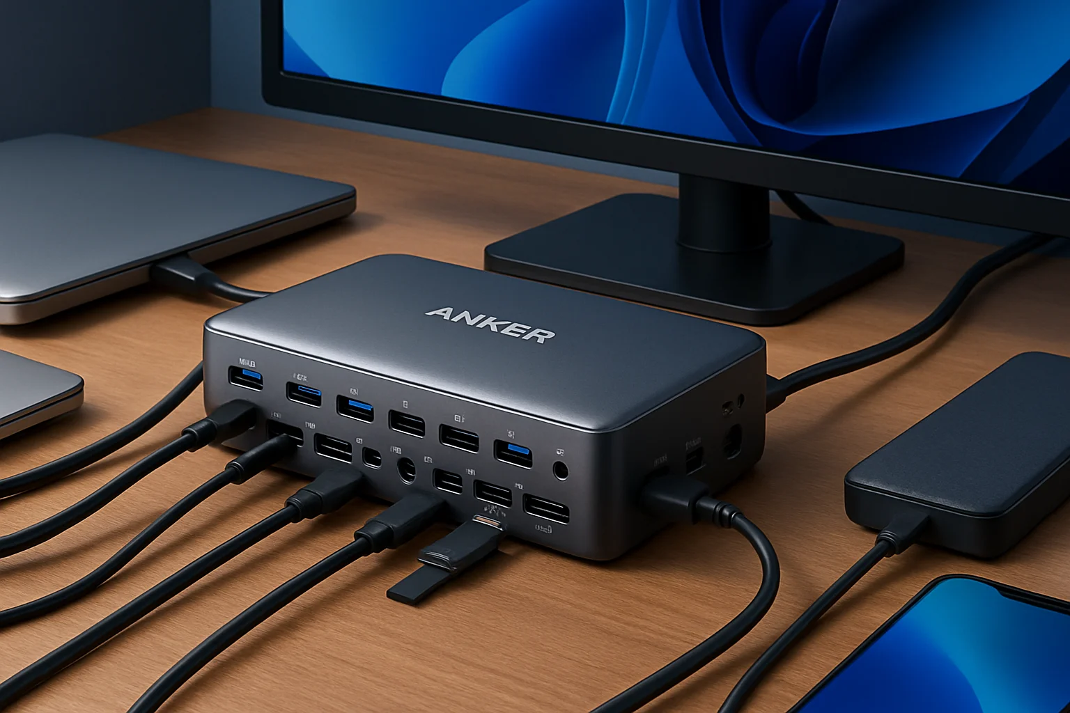 Док-станция Anker с 14 портами и кабелями, подключёнными к различным устройствам, на рабочем столе.