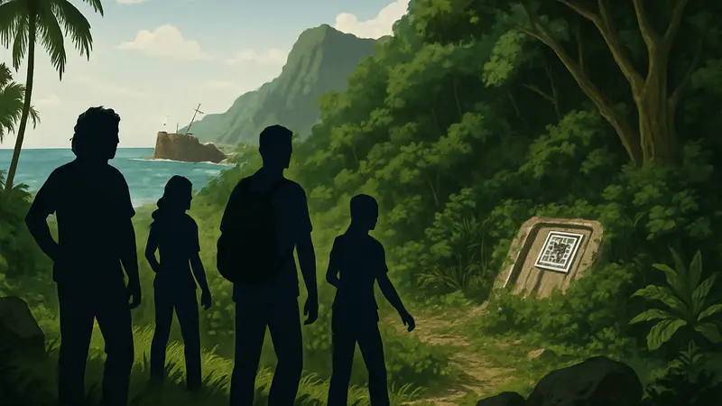 Кадры из научно-фантастического сериала Lost, демонстрирующие таинственный остров и главных героев, исследующих его.
