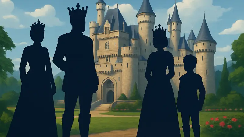 Скриншот из The Sims 4 Royalty & Legacy с персонажами в королевских нарядах на фоне замка.