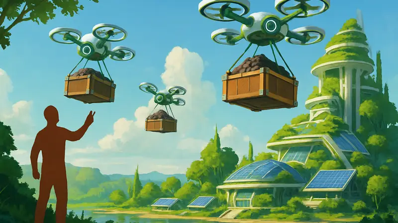 Изображение транспортных дронов в игре Solarpunk, перевозящих руду к базе.