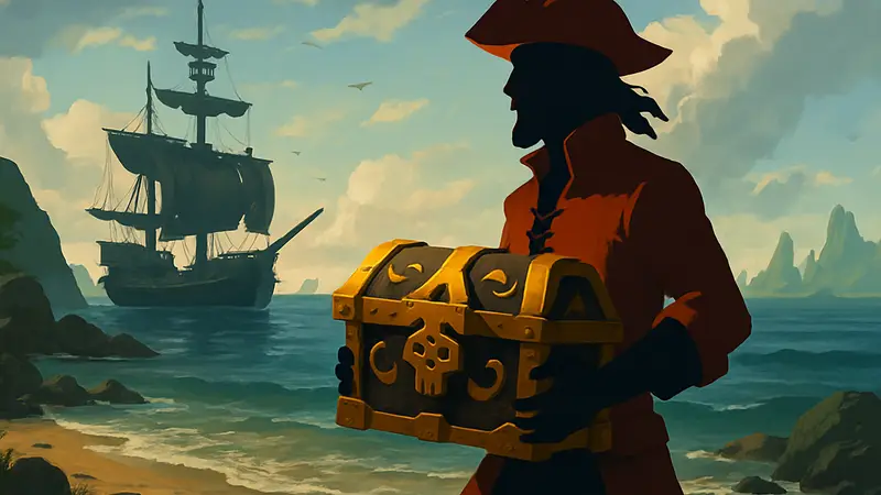 Игрок в пиратском костюме в Sea of Thieves держит сундук с сокровищами на фоне морского пейзажа.