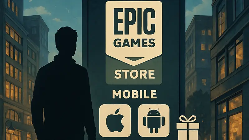 Логотип Epic Games Store Mobile с иконками бесплатных игр для iOS и Android