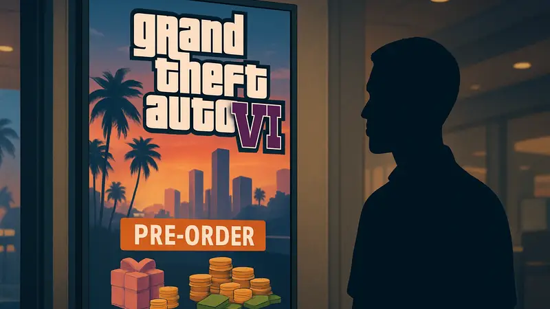 Изображение обложки GTA 6 с логотипом игры и надписью "Предзаказ", возможно, с бонусами и внутриигровой валютой.