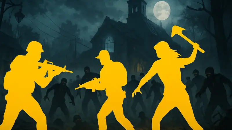 Персонажи Call of Duty: Black Ops 7 Zombies сражаются с ордами мертвецов в зловещей локации.