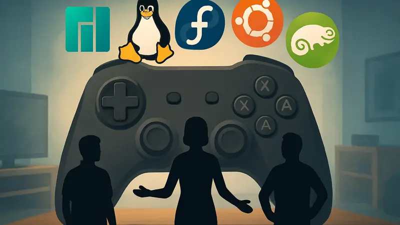 Логотипы различных Linux дистрибутивов объединяются на фоне игрового контроллера, символизируя сотрудничество и открытость.