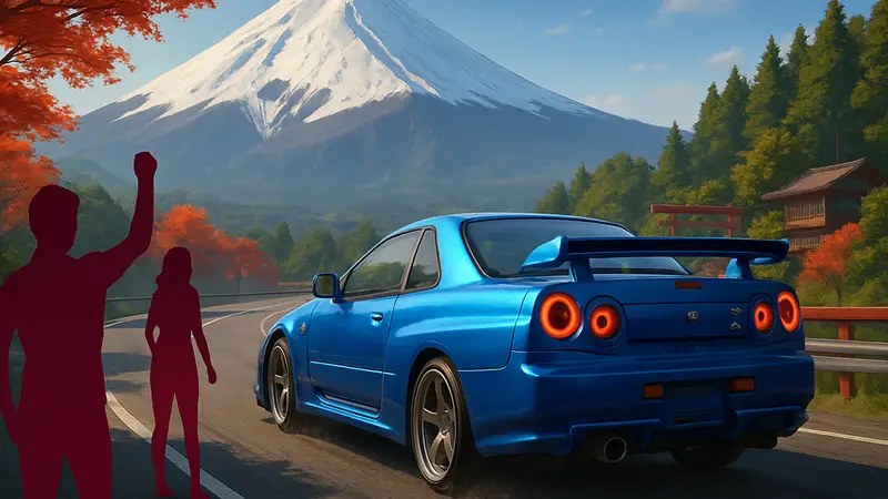 Скриншот гонки на Nissan Skyline по трассе на горе Фудзи в игре Asphalt Legends Unite.
