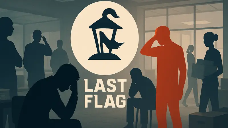 Логотип студии Night Street Games или игры Last Flag на фоне уволенных сотрудников. Изображение демонстрирует кризис.