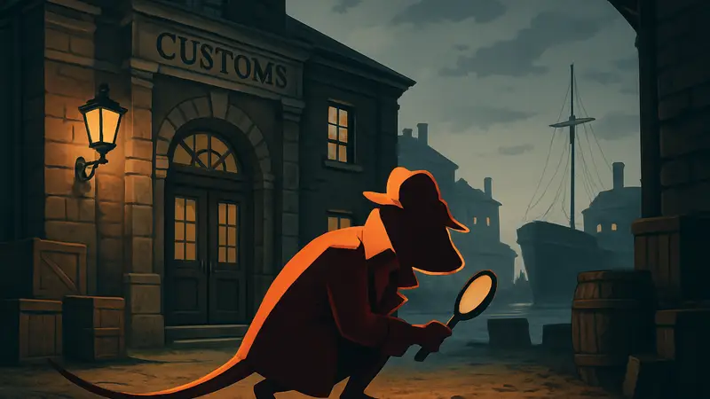 Детектив-мышь ищет улики возле здания таможни в игре Mouse P.I. for Hire для выполнения квеста.