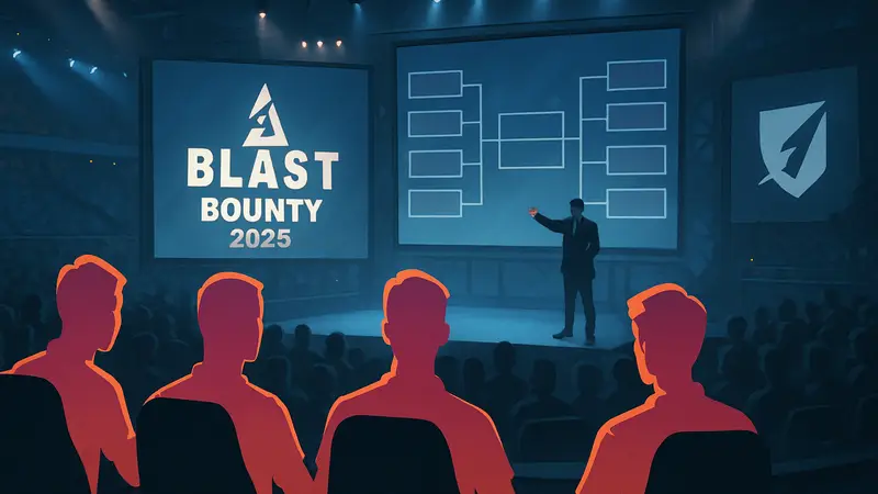 Игроки на киберспортивном турнире BLAST Bounty 2026 во время драфта, логотип HLTV.
