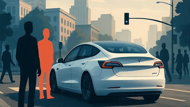 Автомобиль Tesla с системой полного самоуправления FSD на дороге