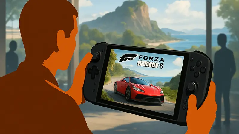Forza Horizon 6 на экране портативной консоли Ayaneo NEXT 2, демонстрация игры.