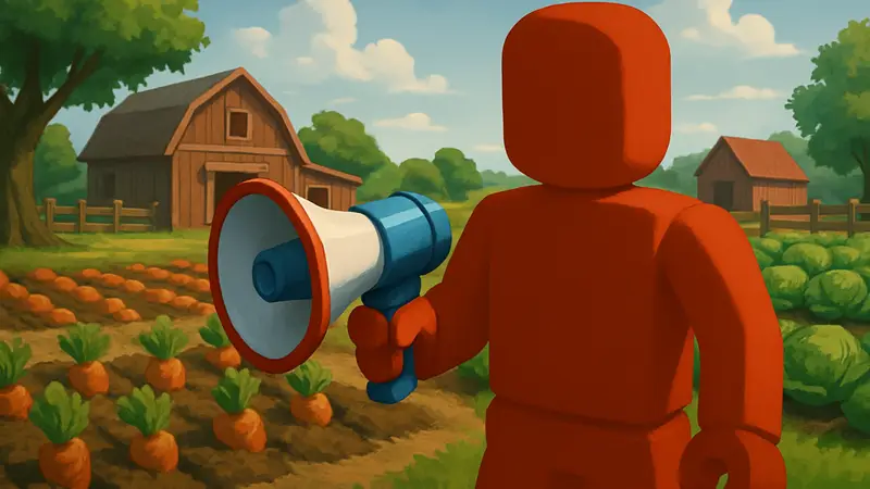 Игровой мегафон в Roblox Grow a Garden 2 в руках персонажа, на фоне фермерского участка