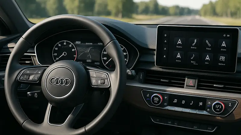 Интерьер Audi A5 2026 с механическими кнопками на руле и встроенным видеорегистратором