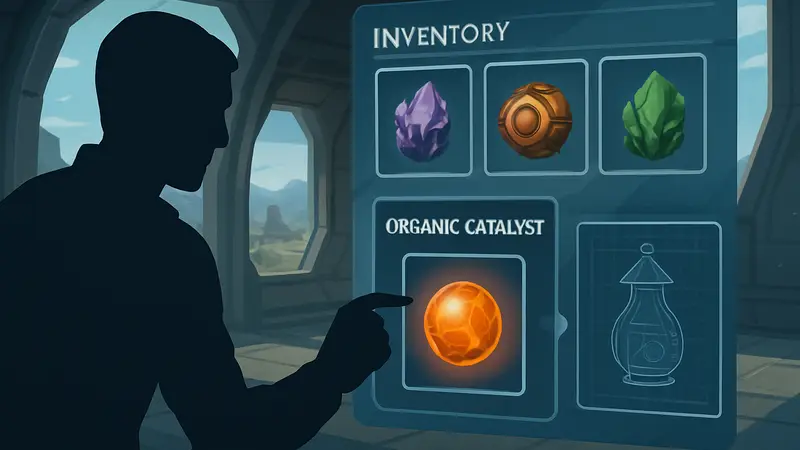 Игрок крафтит Organic Catalyst в меню No Man's Sky, рядом с чертежом и ресурсами.