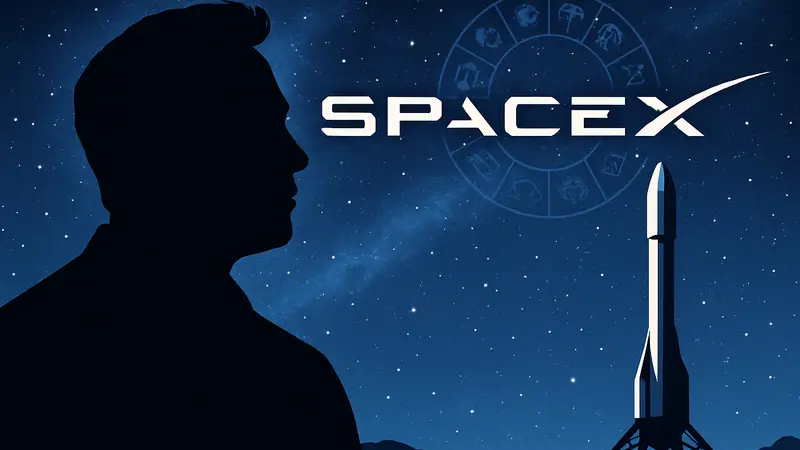 Стилизованное изображение Илона Маска и логотипа SpaceX на фоне звездного неба, символизирующего амбиции IPO.