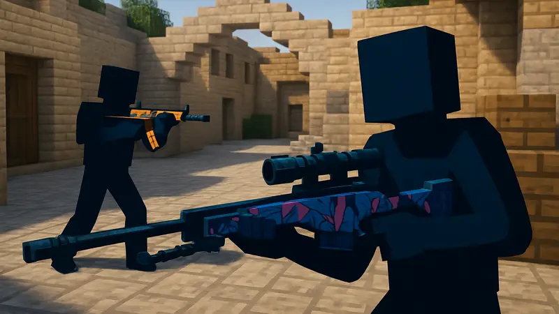Игровой процесс Counter-Strike 2 в мире Minecraft, демонстрирующий скины оружия и блочный стиль.