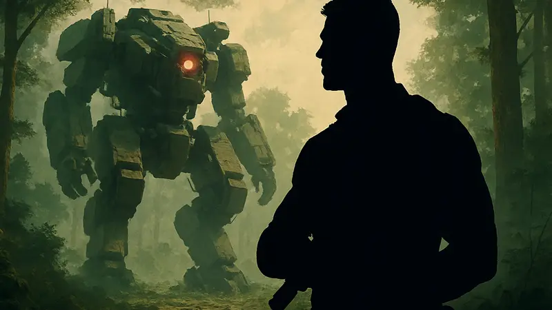 Алан Ричсон в кадре из боевика Netflix «War Machine» с мехом на заднем плане.