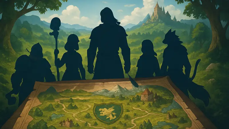 Скриншот из Wyldheart, показывающий стилизованную карту и персонажей в фэнтези-сеттинге.