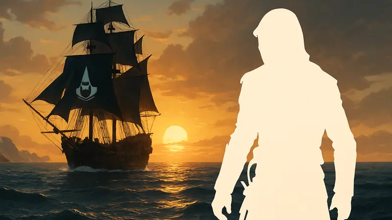 Обложка Assassin's Creed Black Flag Resynced, пиратский корабль в море,  закат
