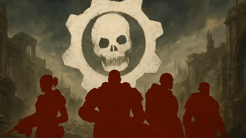 Логотип фильма Gears of War на фоне символа Шестерёнки и персонажей игры