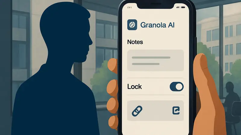 Мобильный телефон с открытым приложением Granola AI, демонстрирующий настройки приватности или заметки.