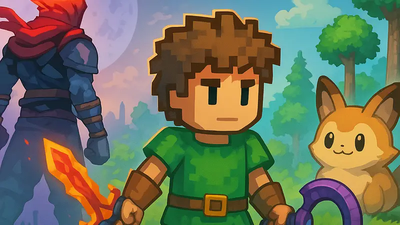 Персонаж Terraria с предметами из Dead Cells и Палы из Palworld на заднем плане