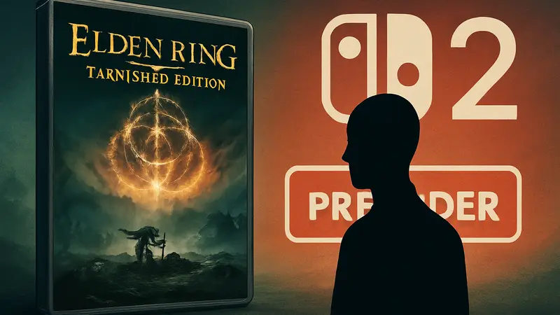 Обложка игры Elden Ring: Tarnished Edition на фоне логотипа Nintendo Switch 2 с надписью «Предзаказ».