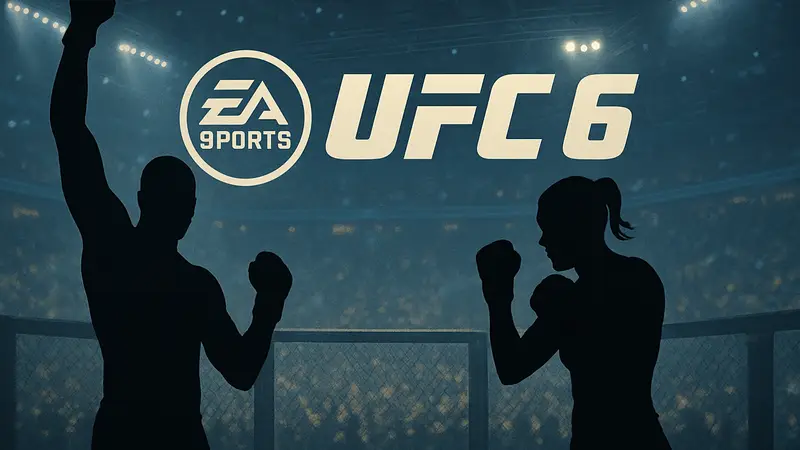 Обложка EA Sports UFC 6, демонстрирующая бойцов и логотип игры
