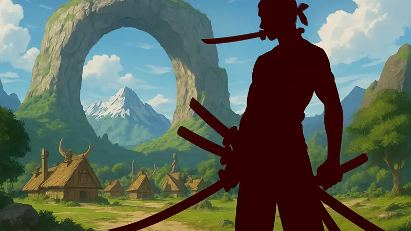 Ророноа Зоро из аниме One Piece с тремя мечами на фоне арки Эльбаф