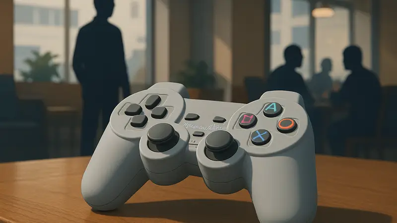 Силиконовый чехол Funbox в форме контроллера Dualshock PS1, лежащий на столе.