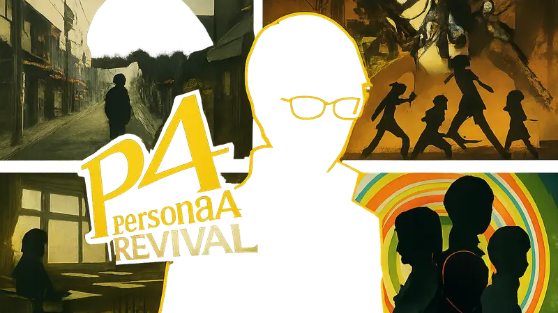 Логотип Persona 4 Revival с элементами Persona 4 Golden, на фоне кадров из трейлера Atlus.