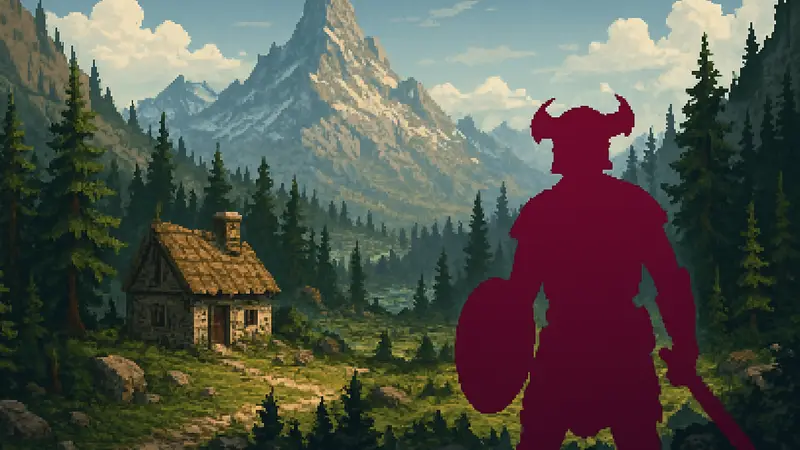 Скриншот из игры World of Anterra в стиле пиксель-арт, напоминающий Skyrim. RPG с открытым миром на Steam.