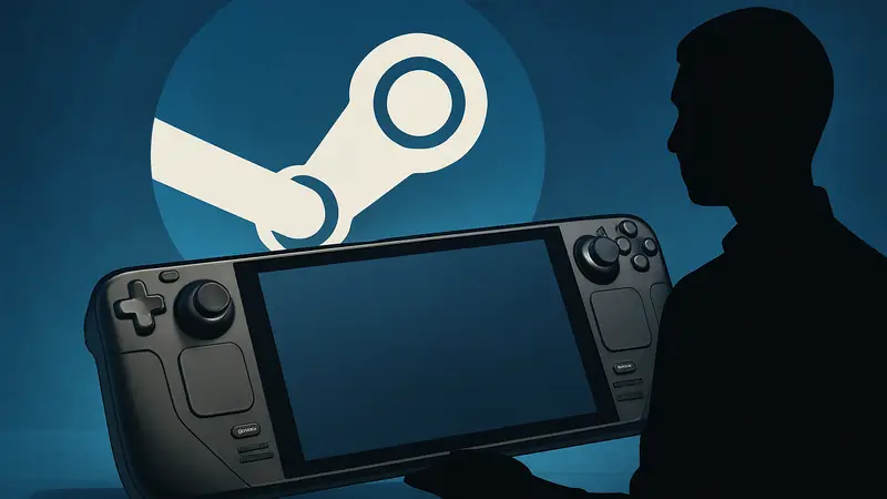 Игровая консоль Valve Steam Deck на фоне логотипа Steam.