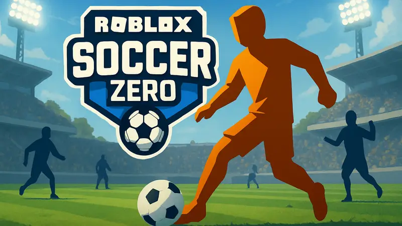 Логотип Roblox Soccer Zero на фоне футбольного поля с игроками, демонстрирующий игровую механику.